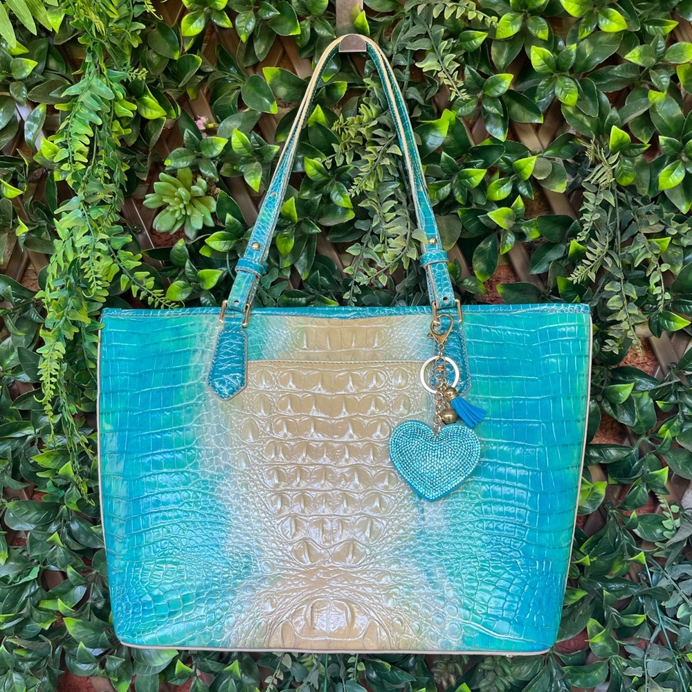 Brahmin Teal to Cream Ombre Croc-Embossed Tote with Dust bag and incert